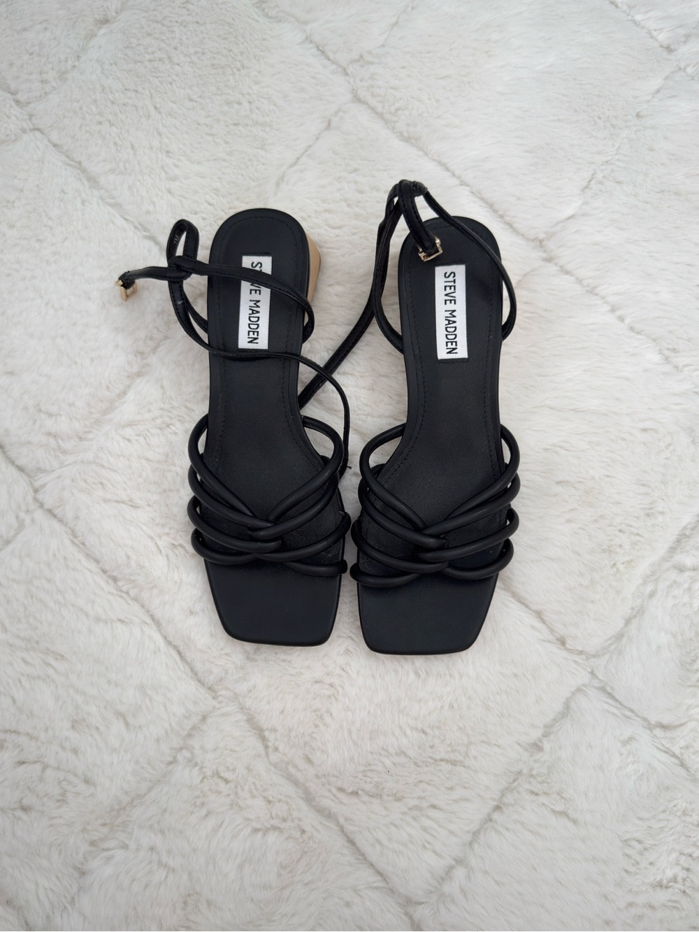 Steve Madden Black Strappy Square-Toe Ankle-Tie Sandals